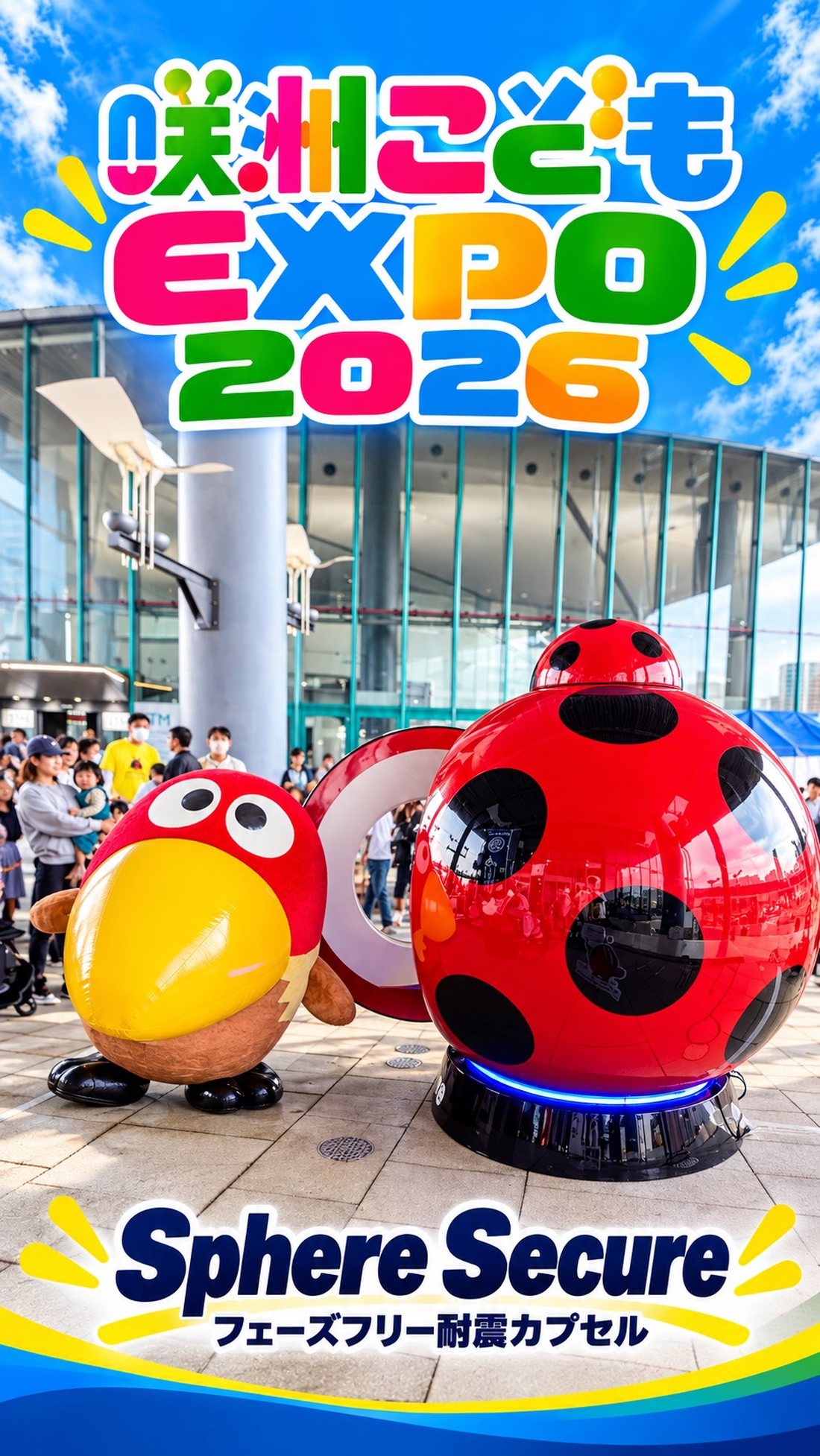 咲洲こどもEXPO2026の会場に展示された、ポリウレアを使用した耐震シェルター「スフィアセキュア」